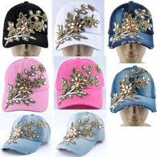 Mujer&apos;s Applique Flower Rhinestone Baseball Cap Bling Adjustable Denim Hats  LD  eb-46162157